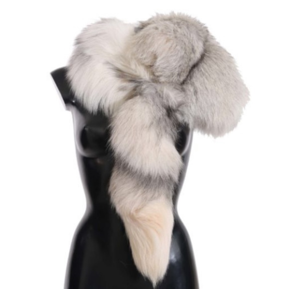 DOLCE & GABBANA Fox Tail Fur Shawl Neck Wrap Cover White Gray Collar Scarf - Picture 1 of 3